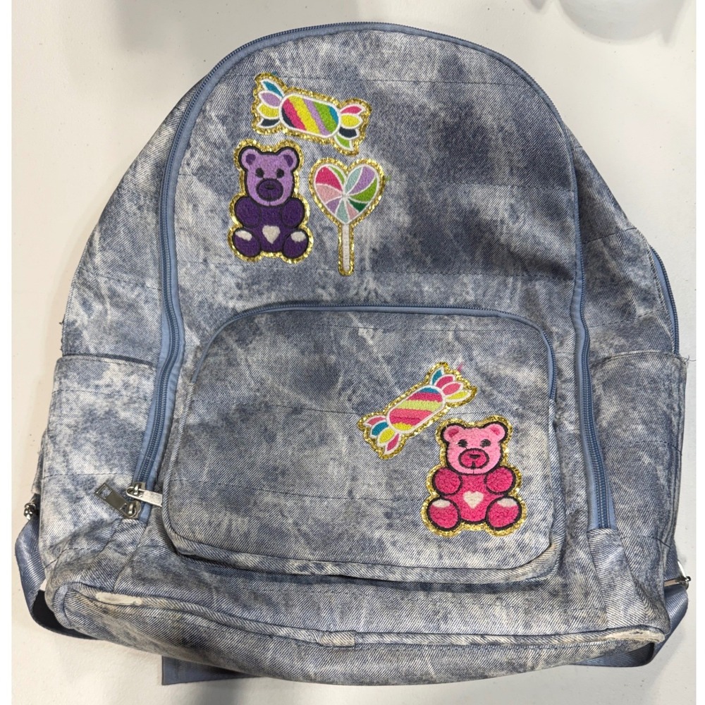 Acid Wash Denim Backpack Blue‎ Patch Detail Gummy Bear Candy